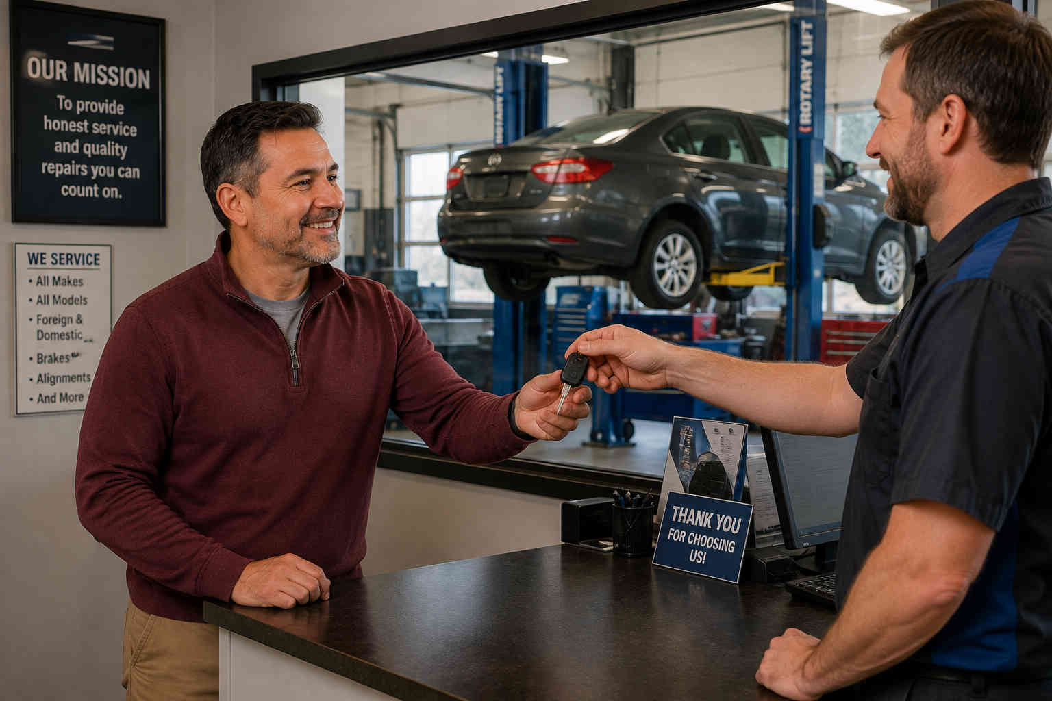 Relaxed customer receiving his car keys from a mechanic after a completed repair