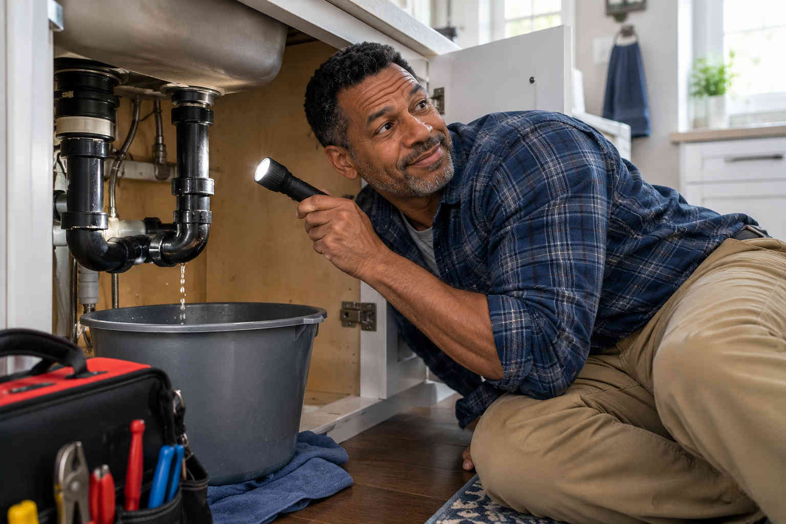 Man inspecting a leaking pipe under a sink while a bucket catches the water