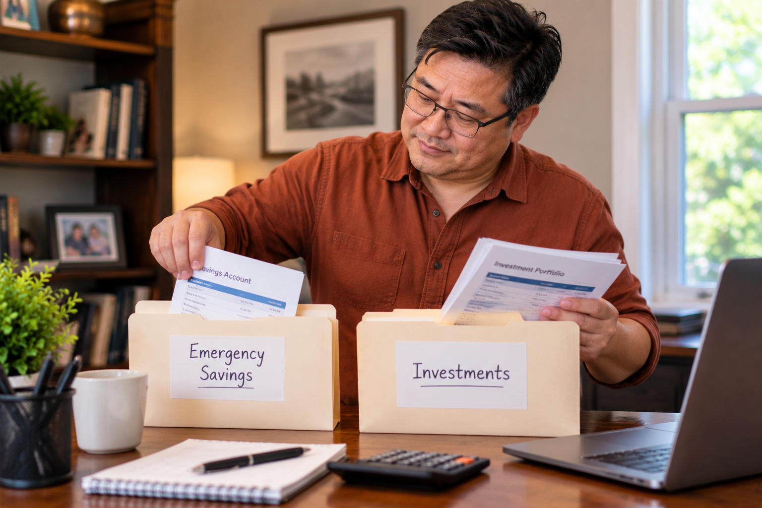Man sorting financial papers into emergency savings and investments folders