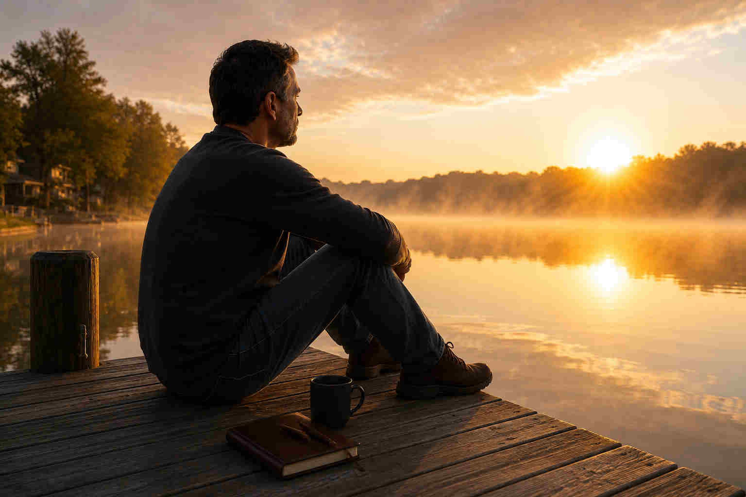 A divorced man sitting quietly on a lakeside dock at sunrise with a journal and coffee, reflecting on emotional healing after divorce