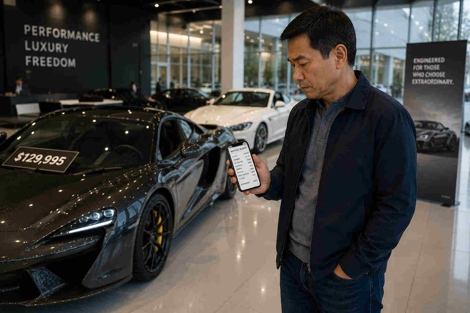 Divorced man reviewing his budget before making an emotional luxury car purchase