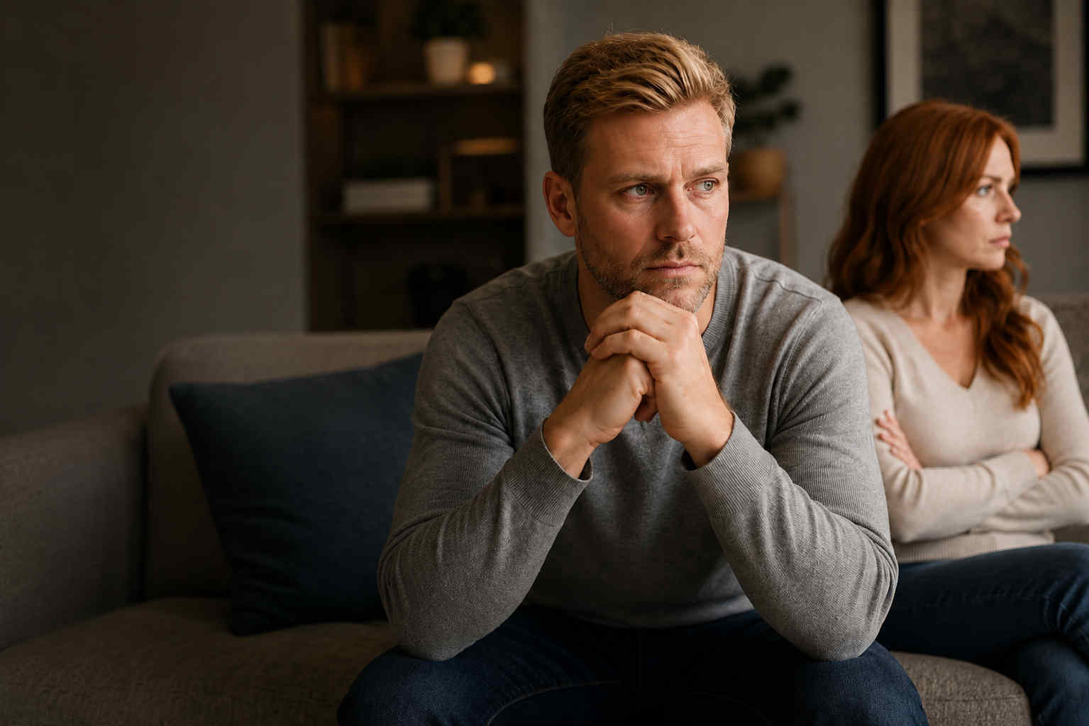 A couple sitting apart while emotional distance creates tension in the relationship