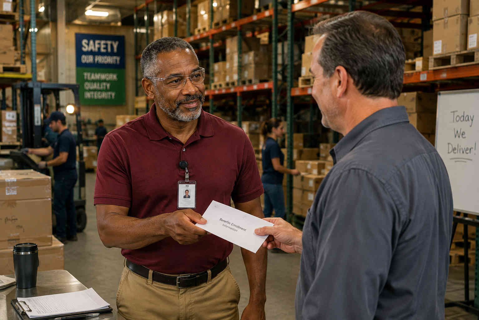 Older employee receiving workplace benefits enrollment information from a supervisor in a distribution facility