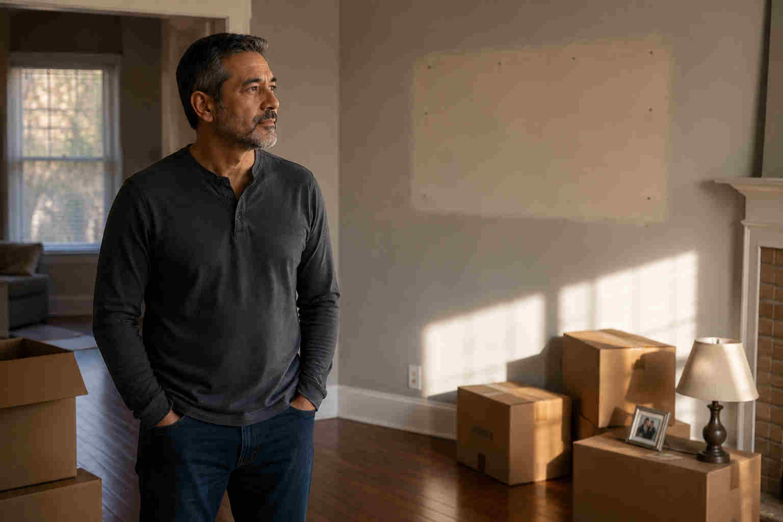 Divorced man standing in a mostly empty home with moving boxes and a blank space where family photographs once hung
