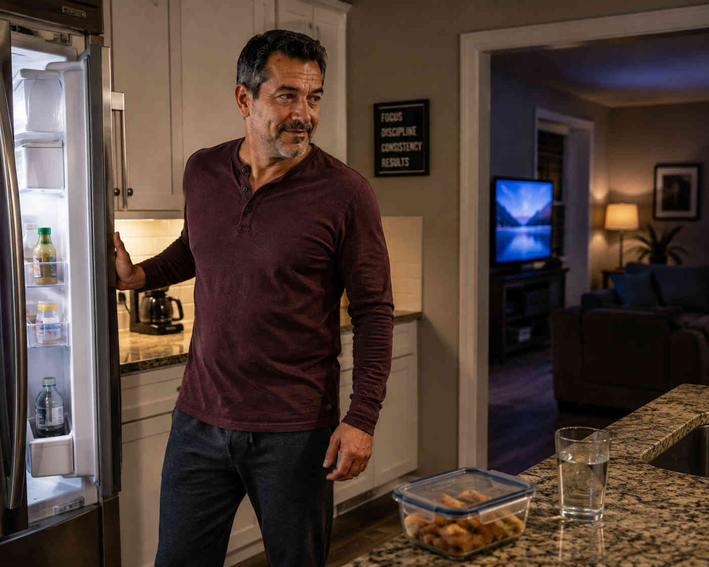 Middle-aged man closing the refrigerator during a quiet evening at home instead of eating out of habit