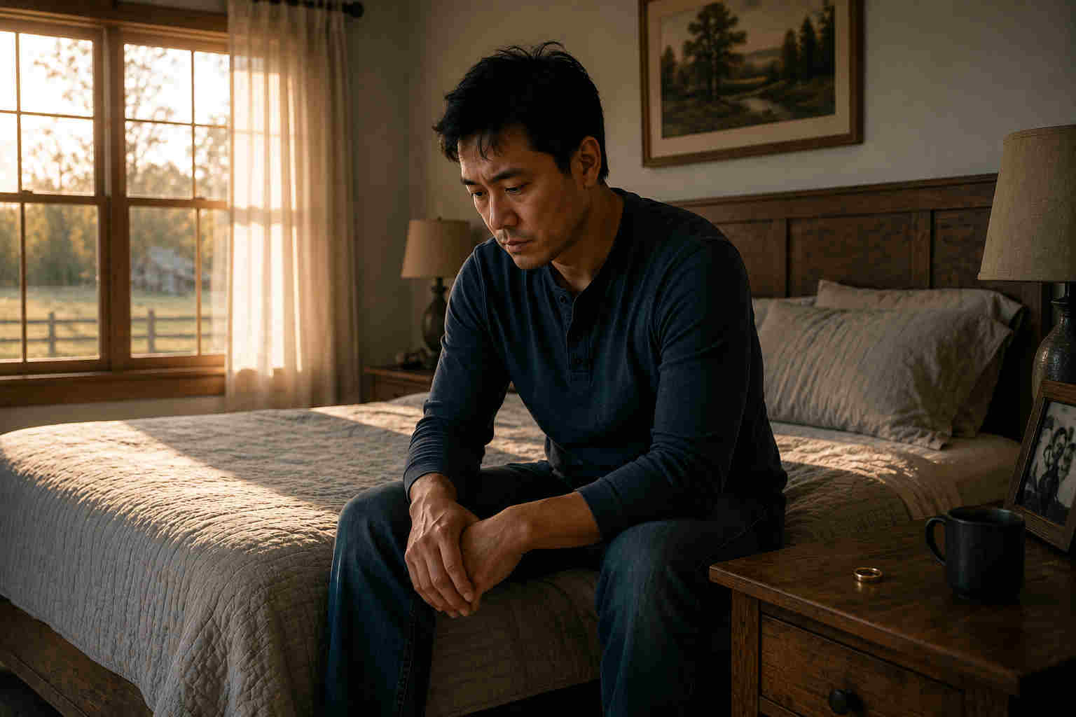 Asian man sitting on the edge of a bed reflecting after divorce