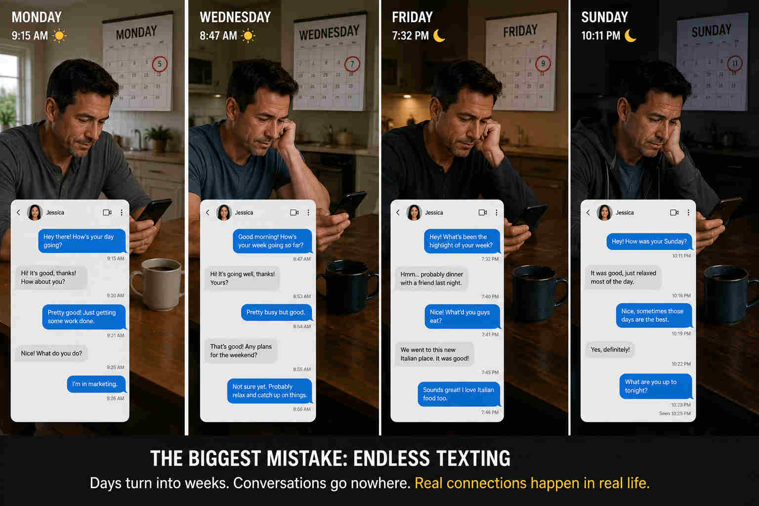 Man texting over several days without the conversation progressing toward a real date