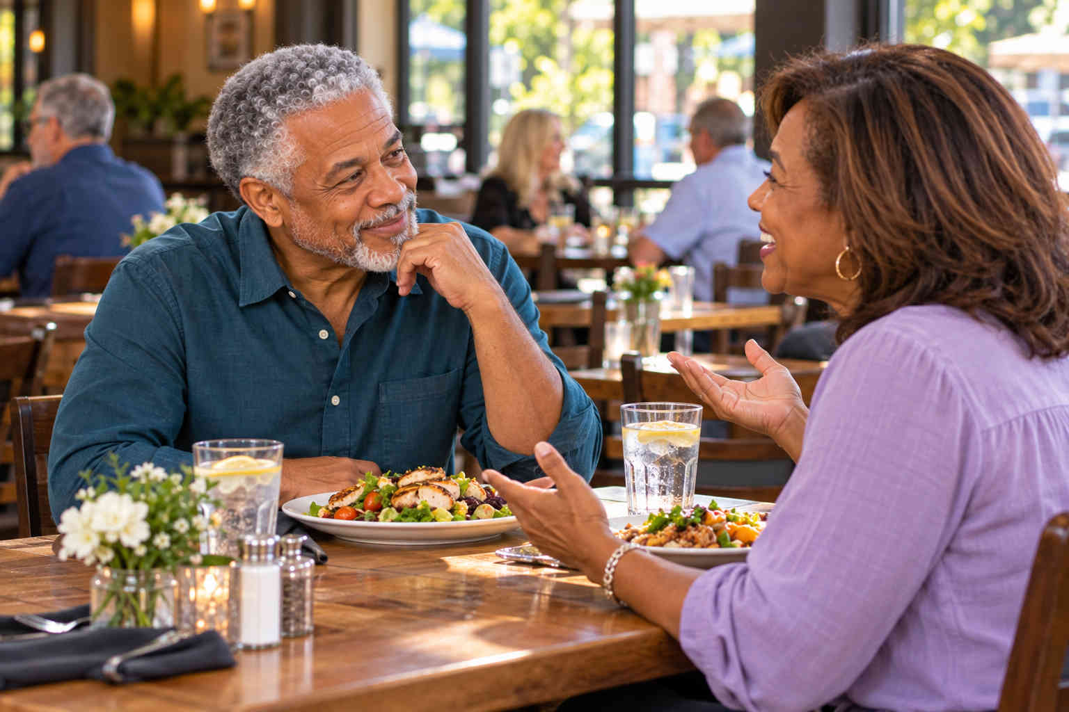 Mature couple enjoying conversation during a restaurant date