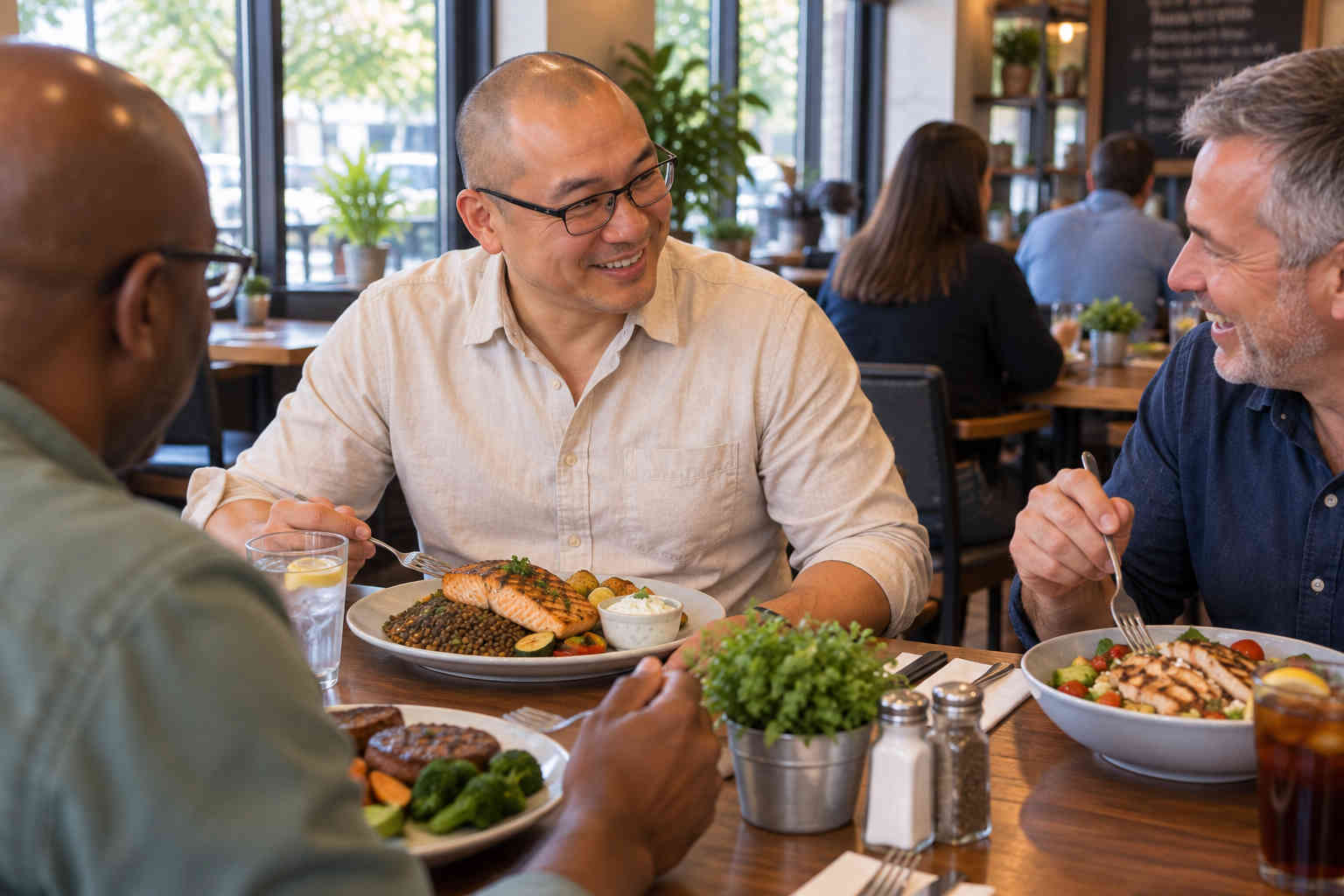 Man enjoying a varied high-protein lunch with friends at a casual restaurant