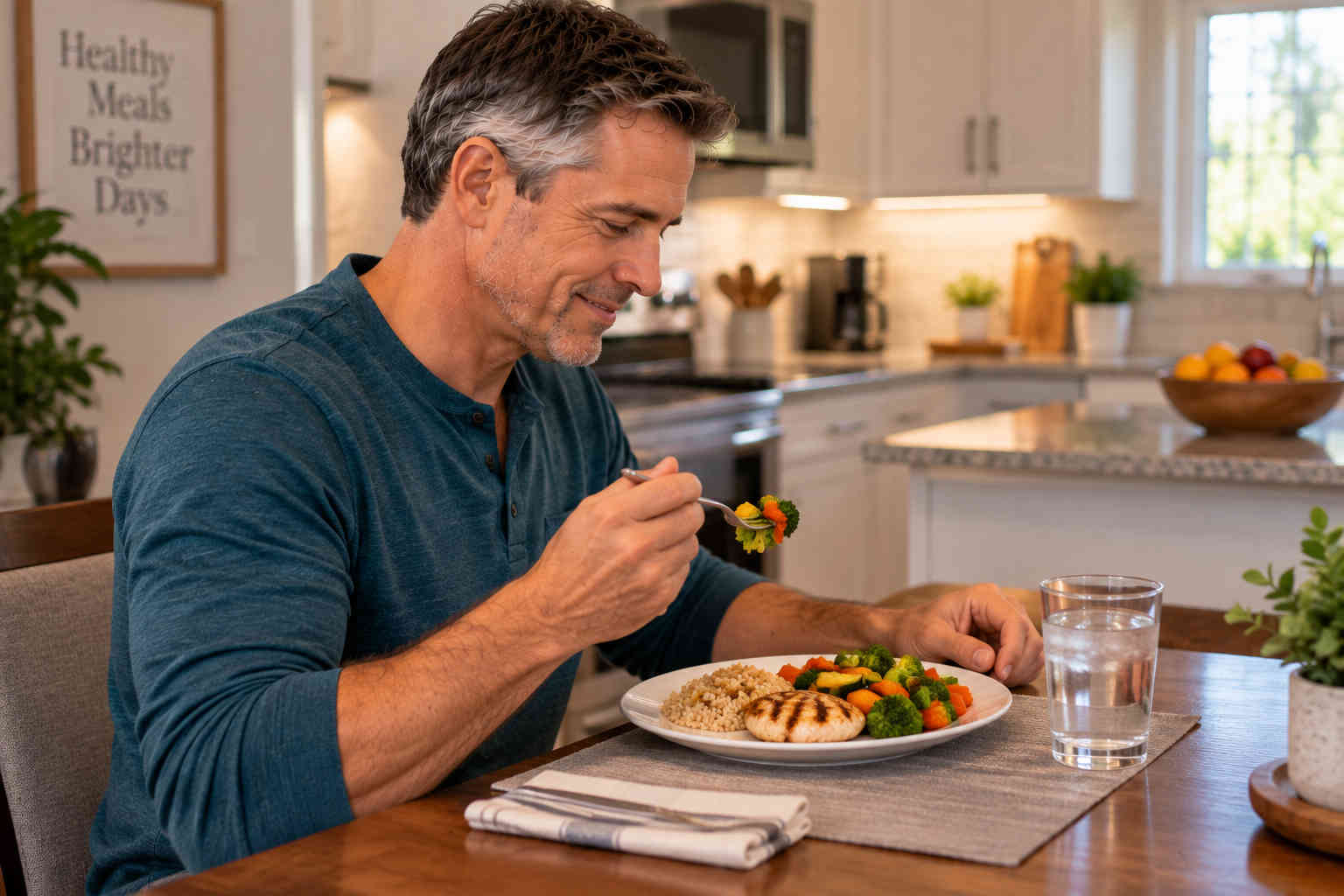 Man enjoying a simple healthy dinner at home after planning and shopping for his weekly groceries