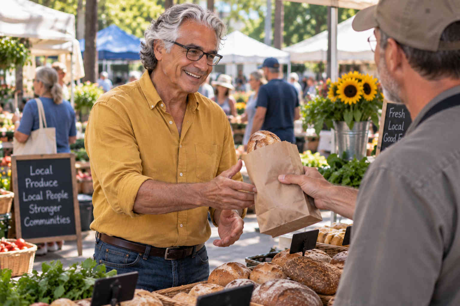 Older man laughing with a vendor while buying bread at a farmers market