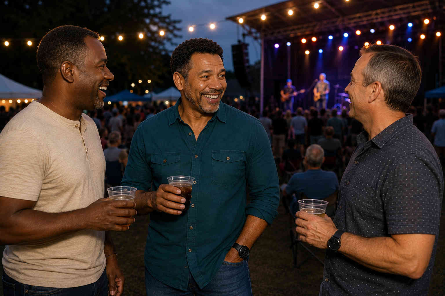 Man laughing with two friends at an affordable outdoor evening concert