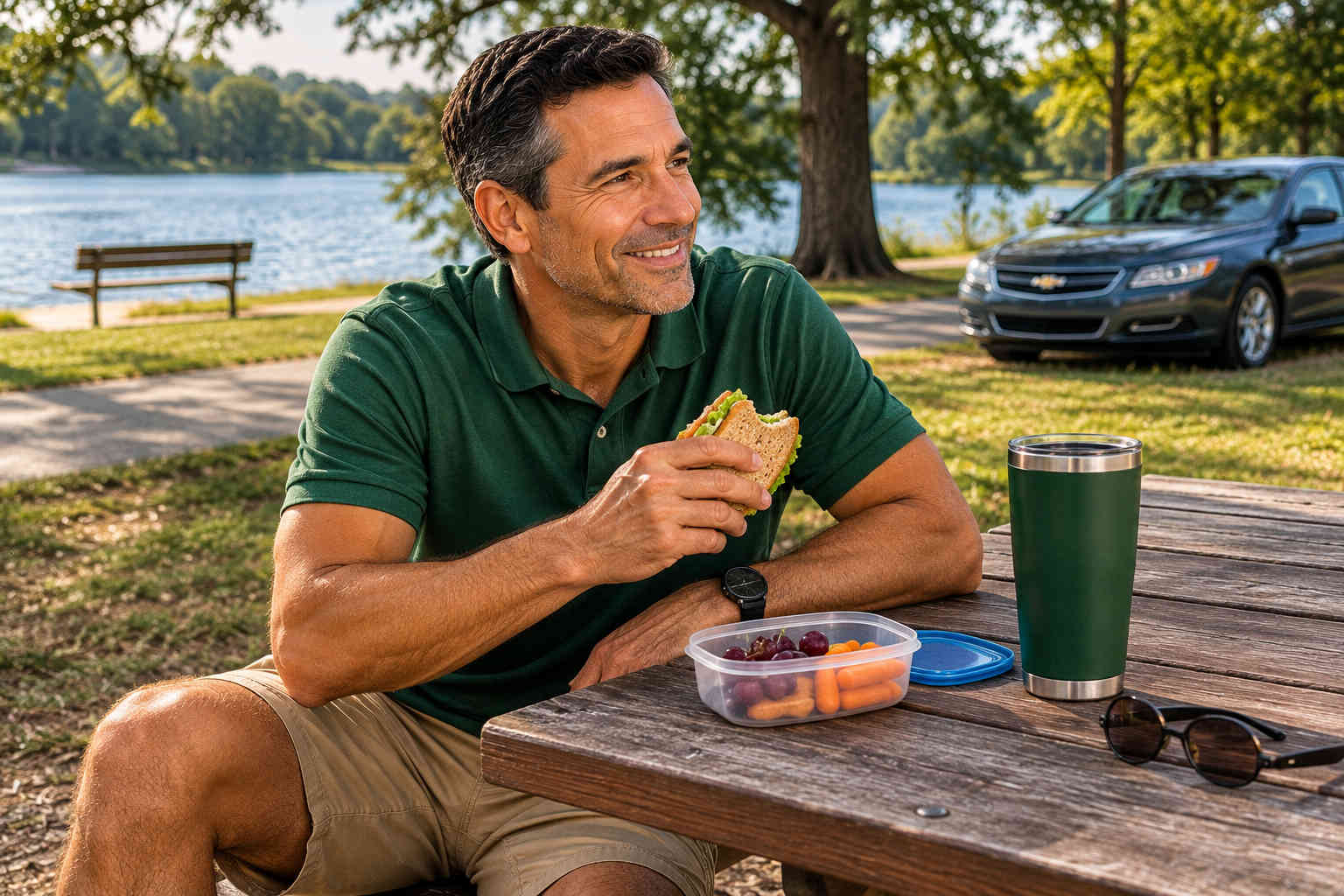 Relaxed divorced man enjoying an affordable lakeside picnic and a peaceful afternoon after rebuilding his finances