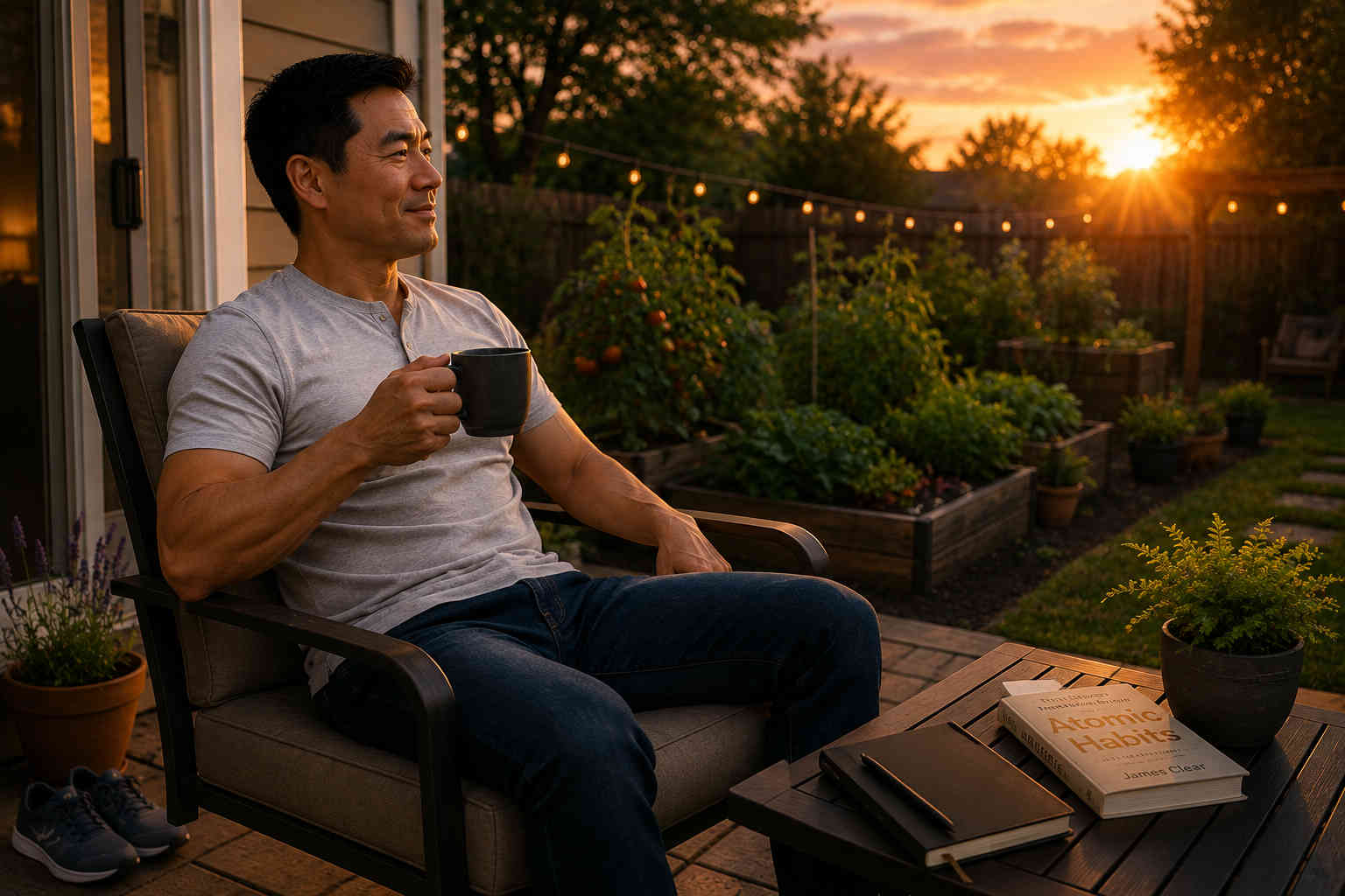 Man relaxing with tea on a backyard patio at sunset beside his book, notebook, running shoes, and thriving vegetable garden