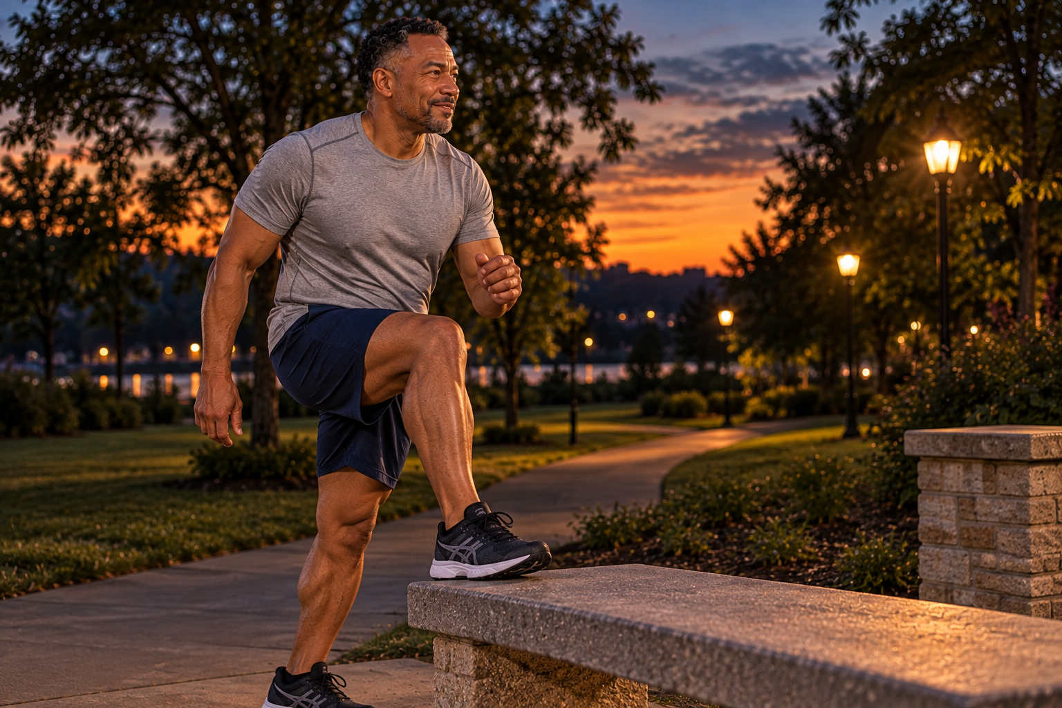 Marcus exercising outdoors in the evening to release stress before returning home