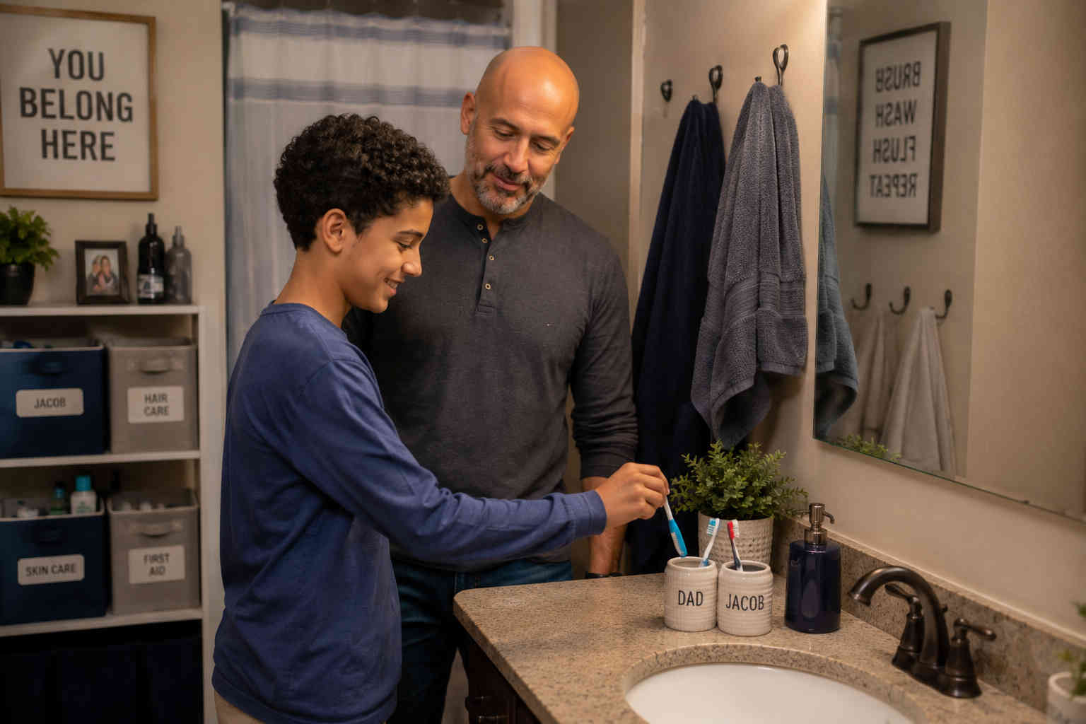 Father and his twelve-year-old son in the bathroom as the boy places his toothbrush beside Dad's with towels and toiletries already organized for him