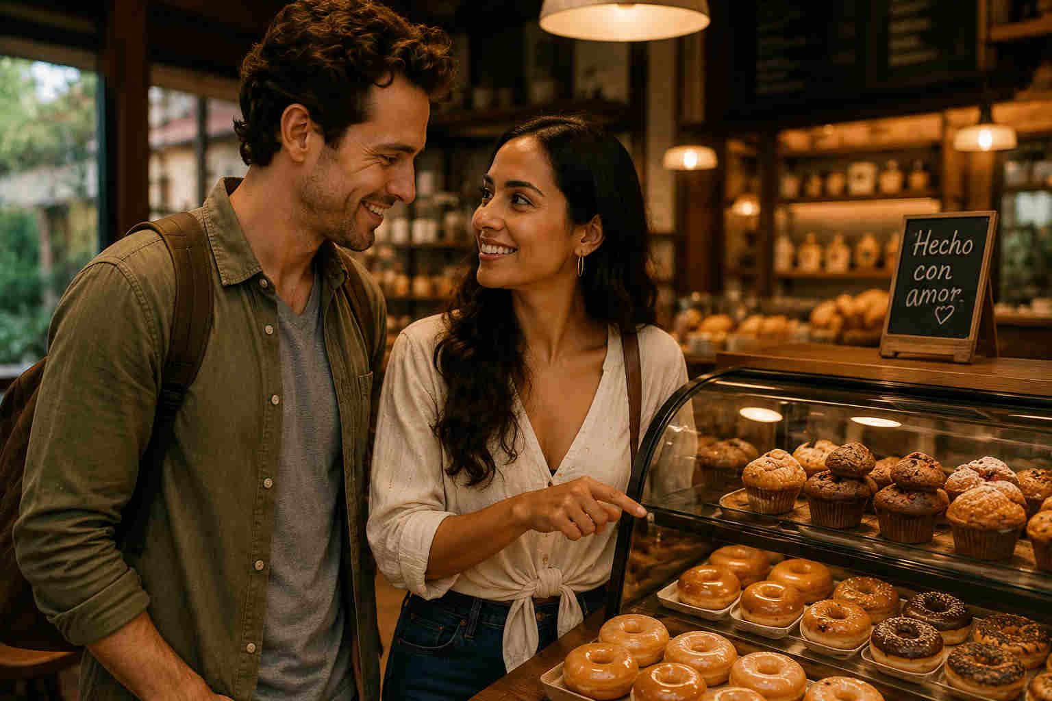 A couple chooses pastries together in a warm Colombian bakery while enjoying an ordinary dating moment