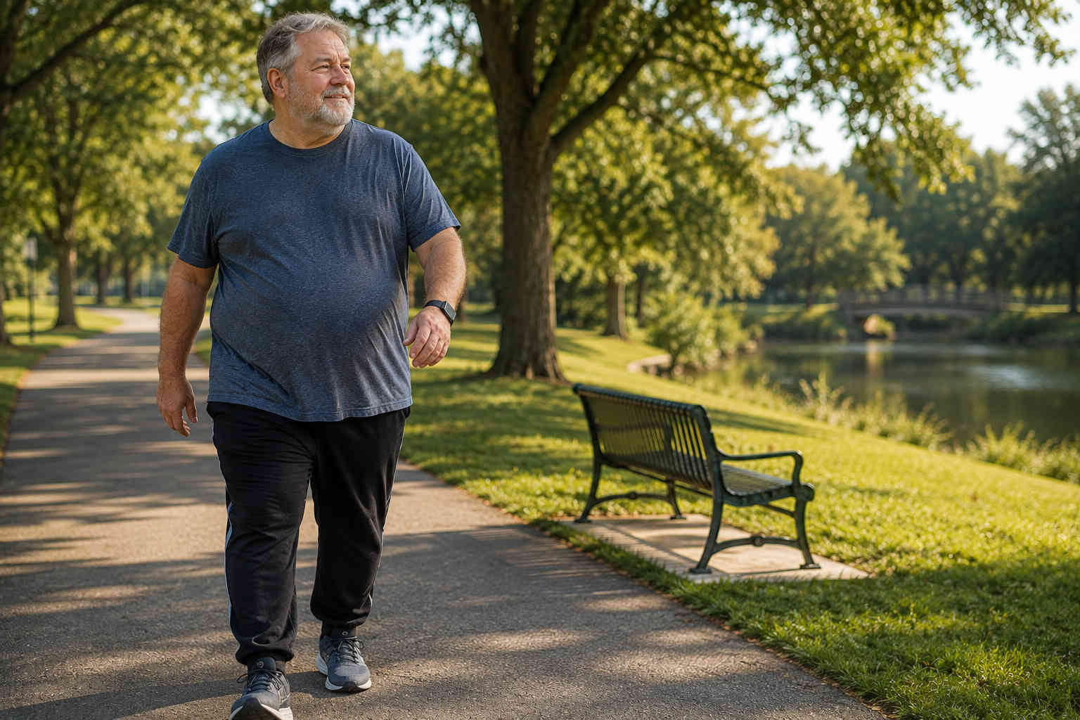 An overweight older man begins exercising by walking along a paved park path beside trees and a pond