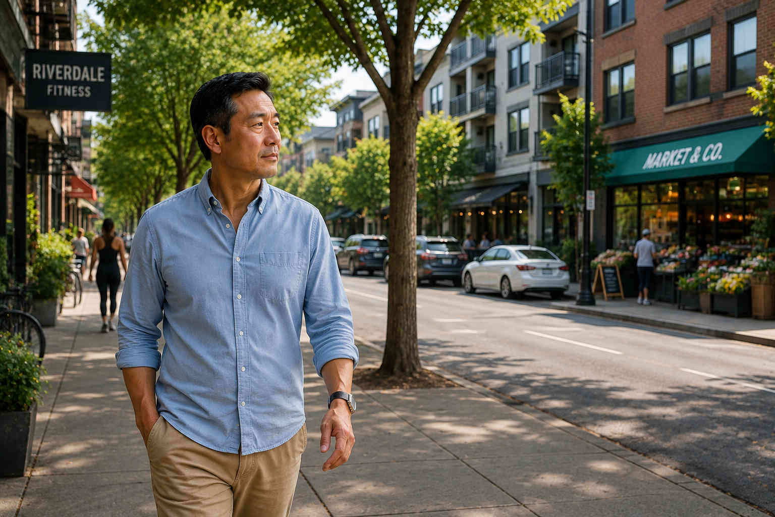 Divorced man walking through a possible new neighborhood while evaluating its shops, homes, and everyday conveniences