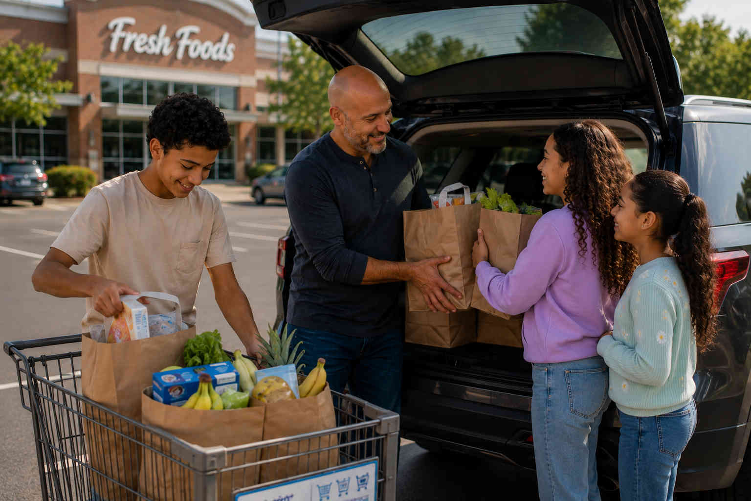 Father and his three children loading grocery bags from a cart into the back of their SUV after shopping together