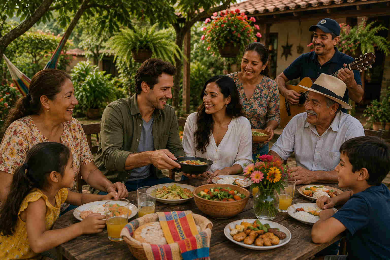 A Colombian family shares a relaxed backyard lunch while welcoming an American man into the conversation