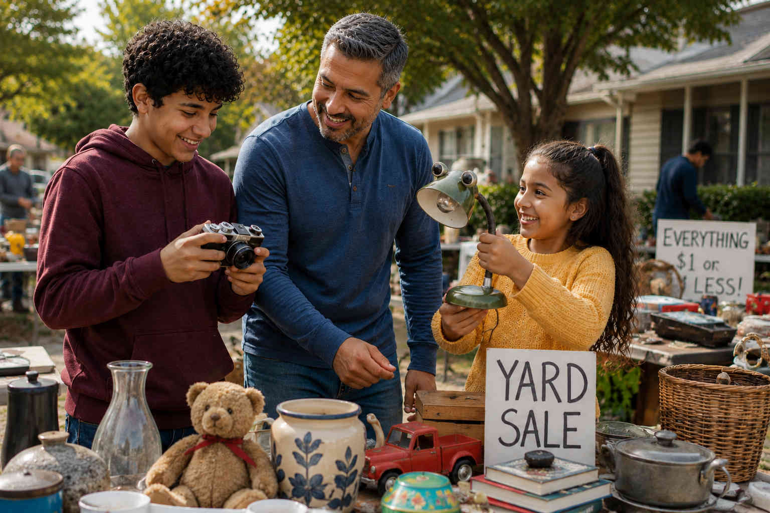 Father, teenage son, and younger daughter laughing together while finding inexpensive treasures at a neighborhood yard sale