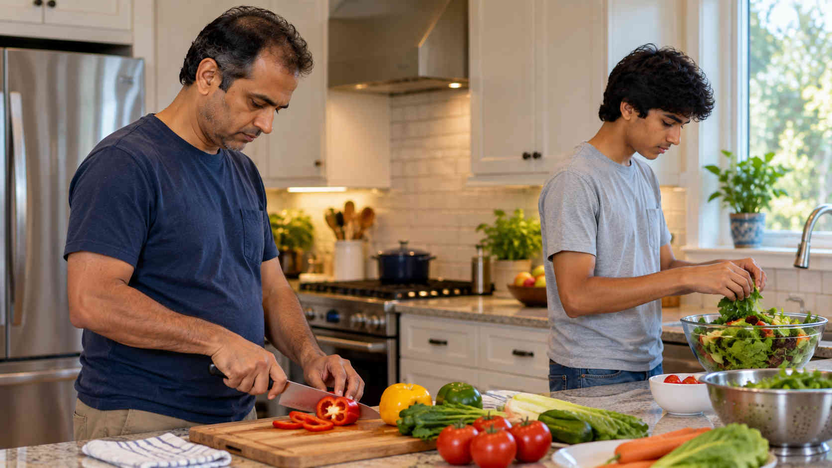 Father and teenage son preparing dinner together in the kitchen