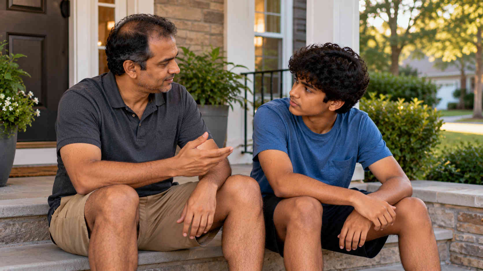Father and teenage son reconnecting in a calm conversation after a disagreement