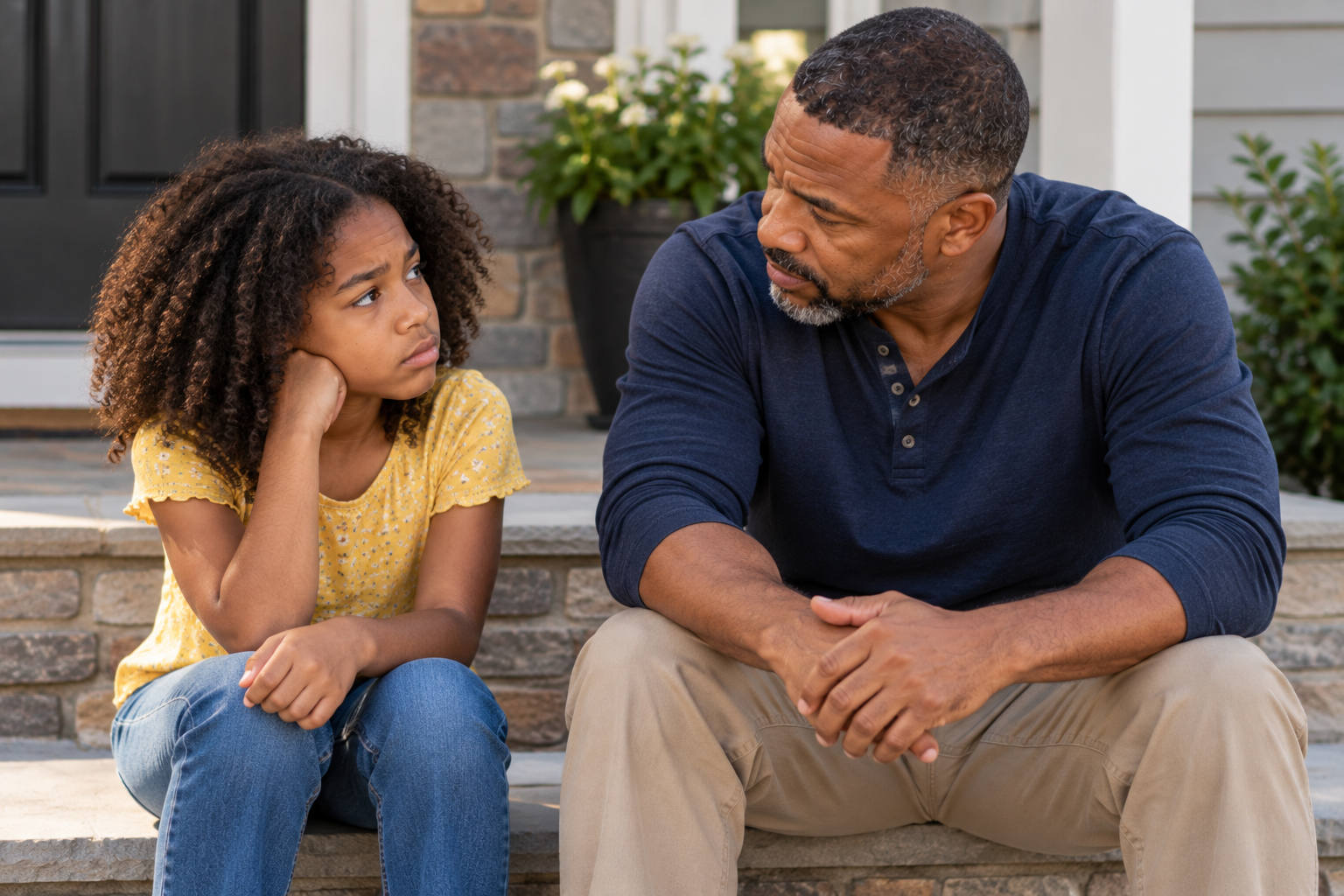 African American father sincerely apologizing to his daughter during a quiet conversation on the front steps