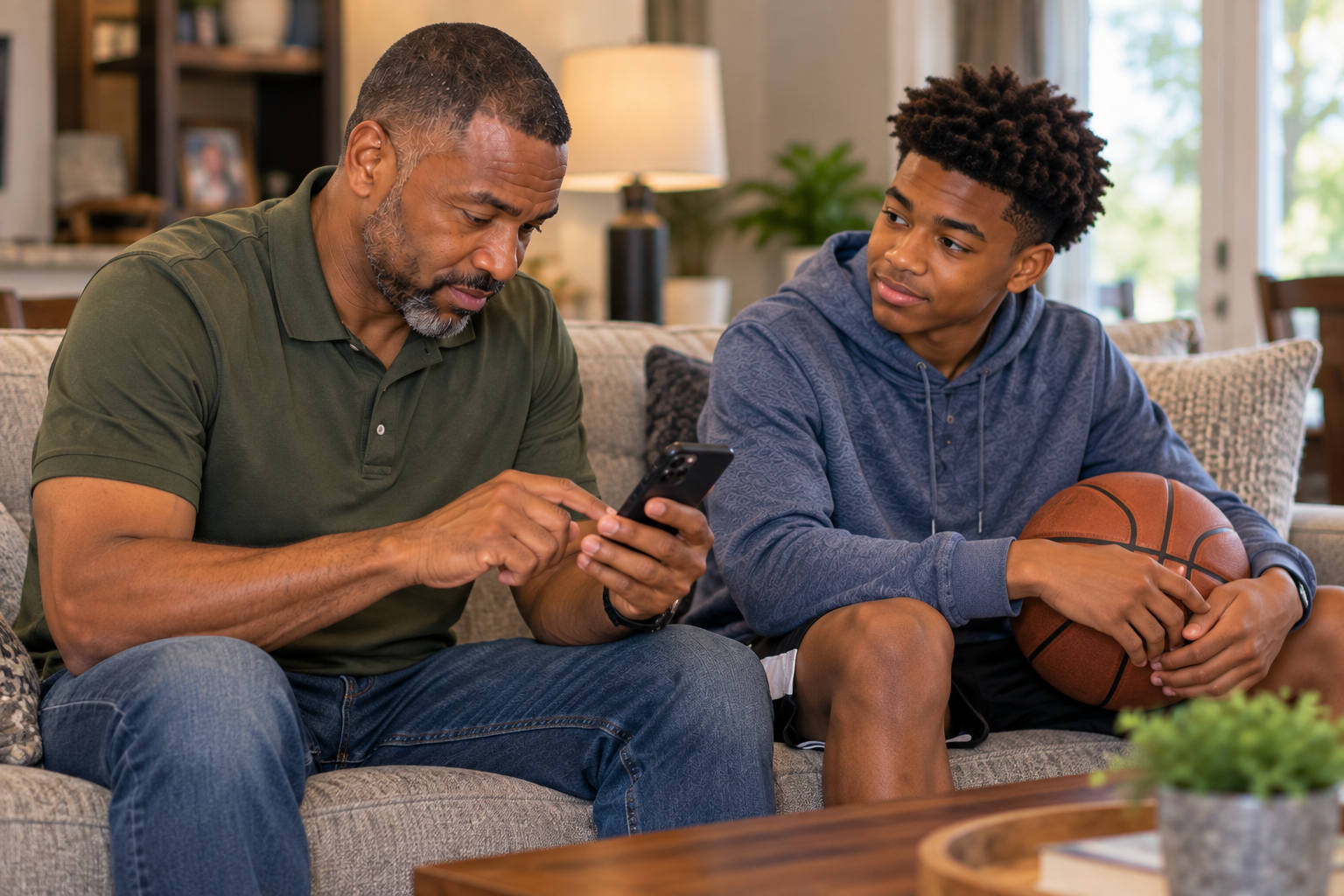 African American father checking his phone schedule with his teenage son before making a commitment