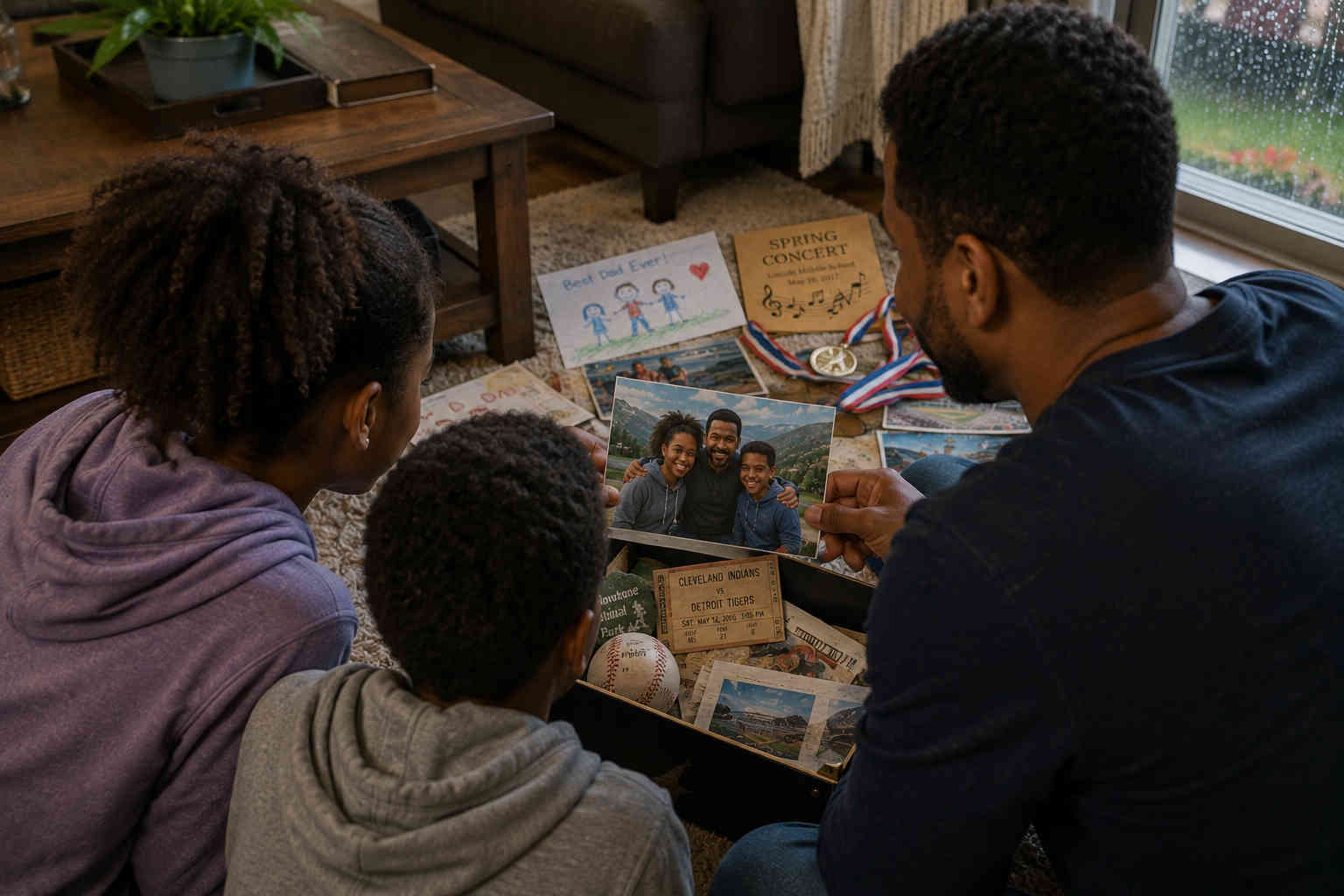 Over-the-shoulder view of a father and his children looking at an old family photo beside a box of keepsakes on a rainy afternoon