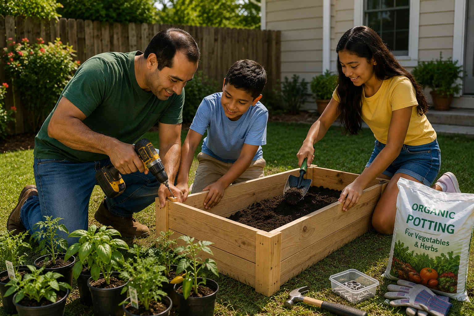 Father, son, and daughter working together to build and fill a raised garden bed in the backyard