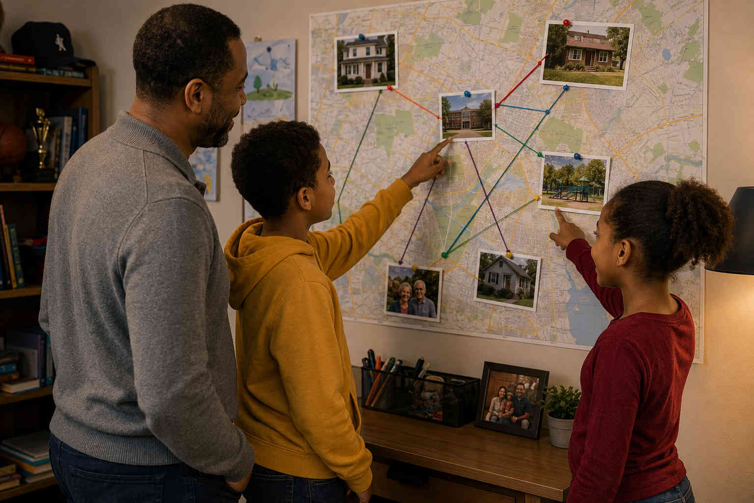 Father and two children looking at a large map connecting the homes, school, park, and other important places in a child's life after divorce