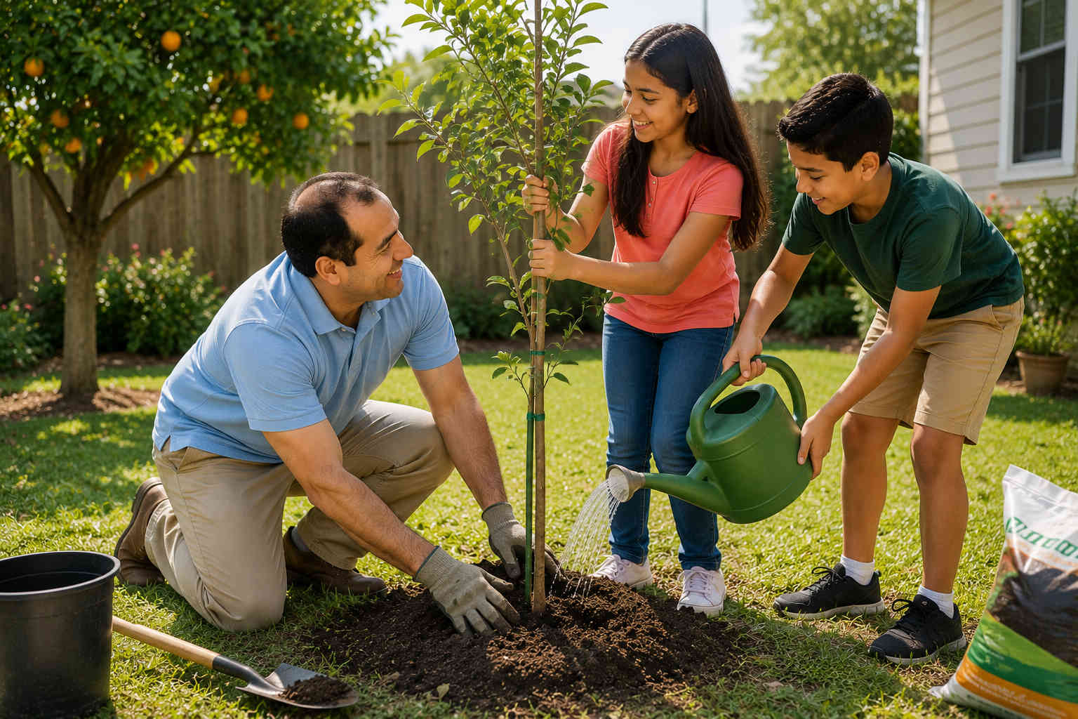 Father, daughter, and son planting a young tree together in the backyard as a symbol of a future they will share