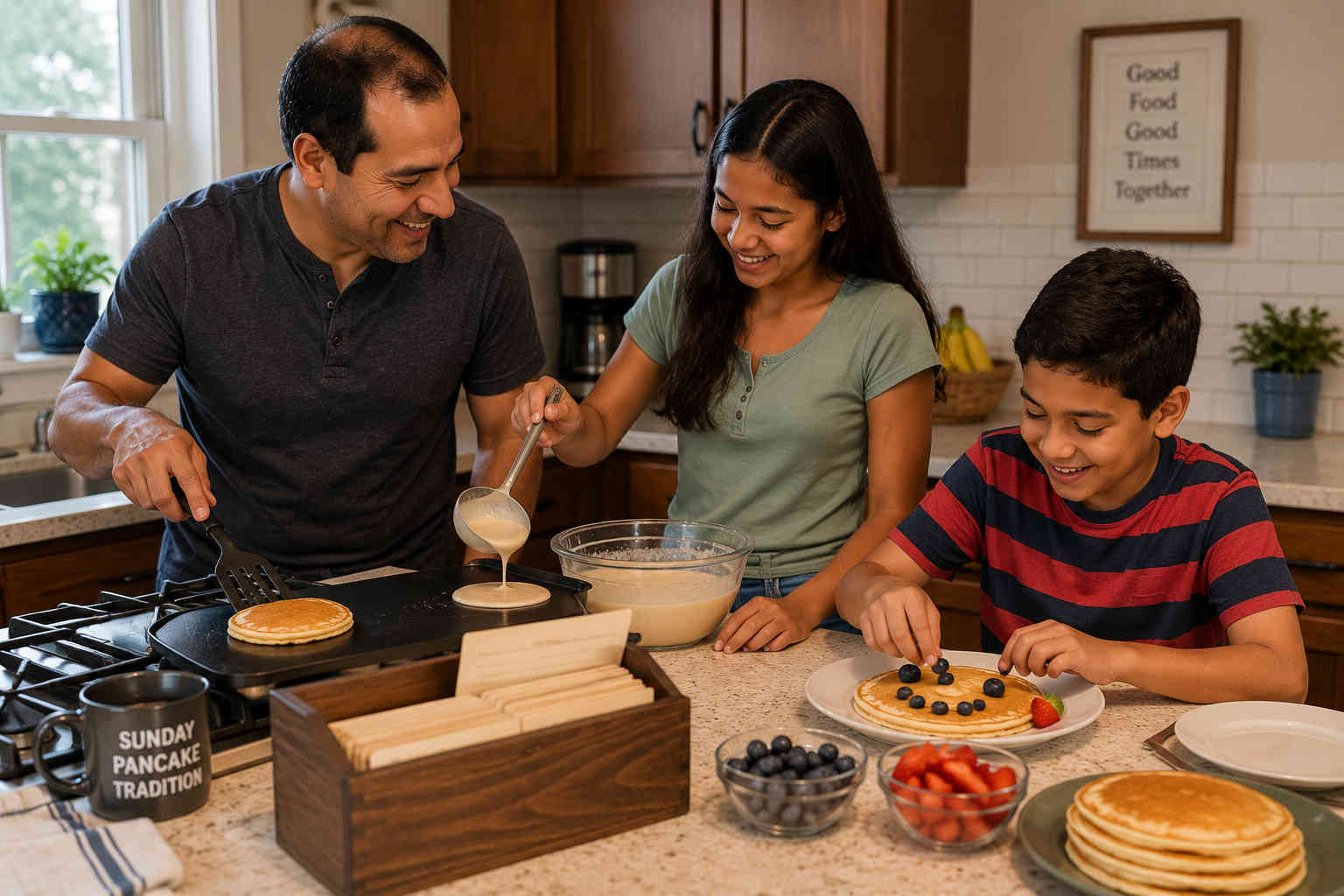 Father, daughter, and son continuing their familiar Sunday pancake tradition together in Dad's kitchen