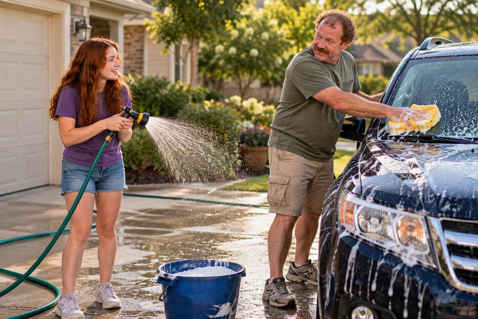 Father and teenage daughter laughing and talking while washing the family car together