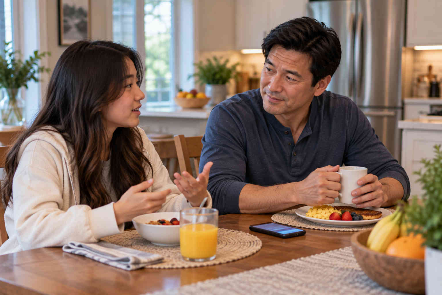 Korean father listening to his teenage daughter during a phone-free breakfast