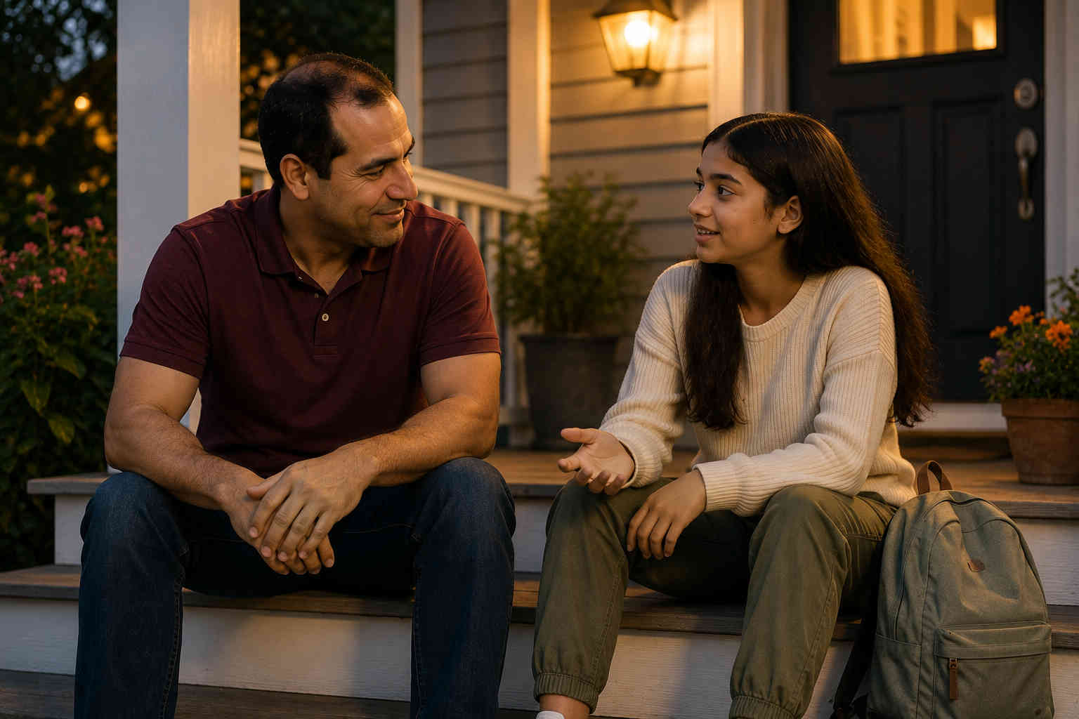 Father listening closely while his daughter talks with him privately on the front porch after divorce