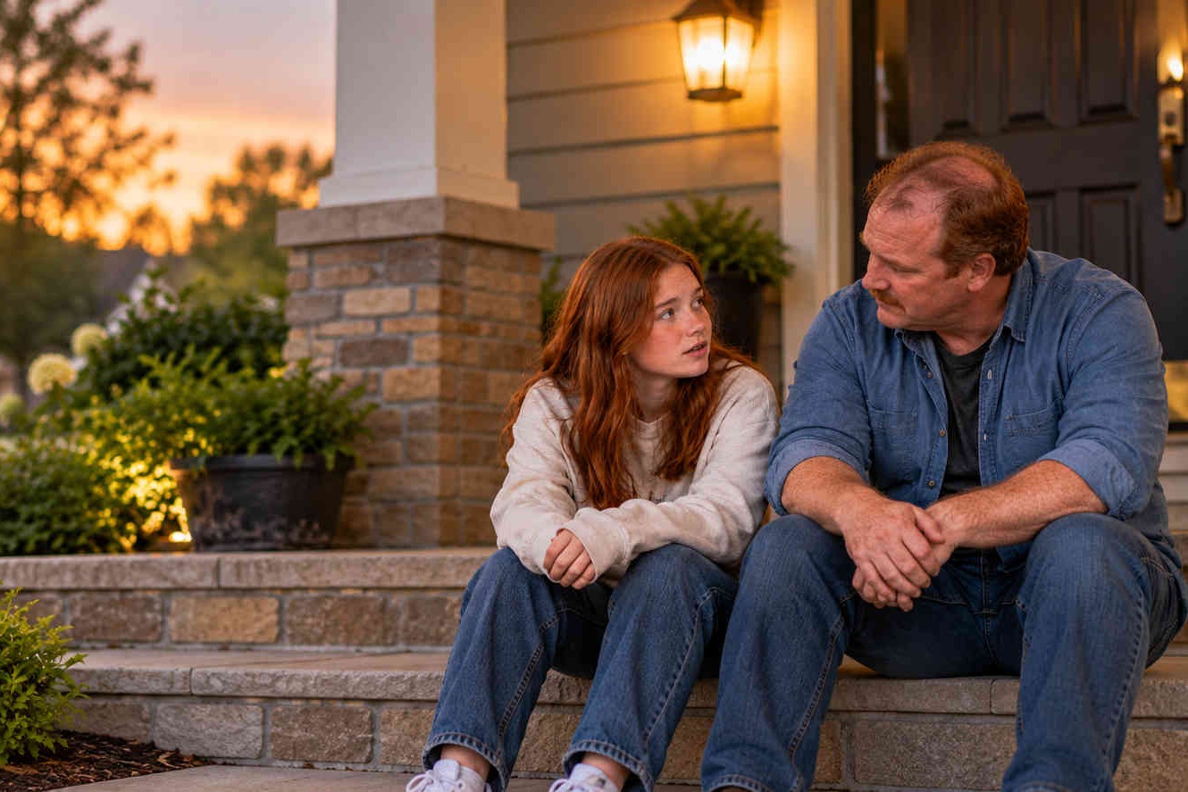 A father listens closely to his daughter during a quiet conversation, helping her feel safe telling him the truth