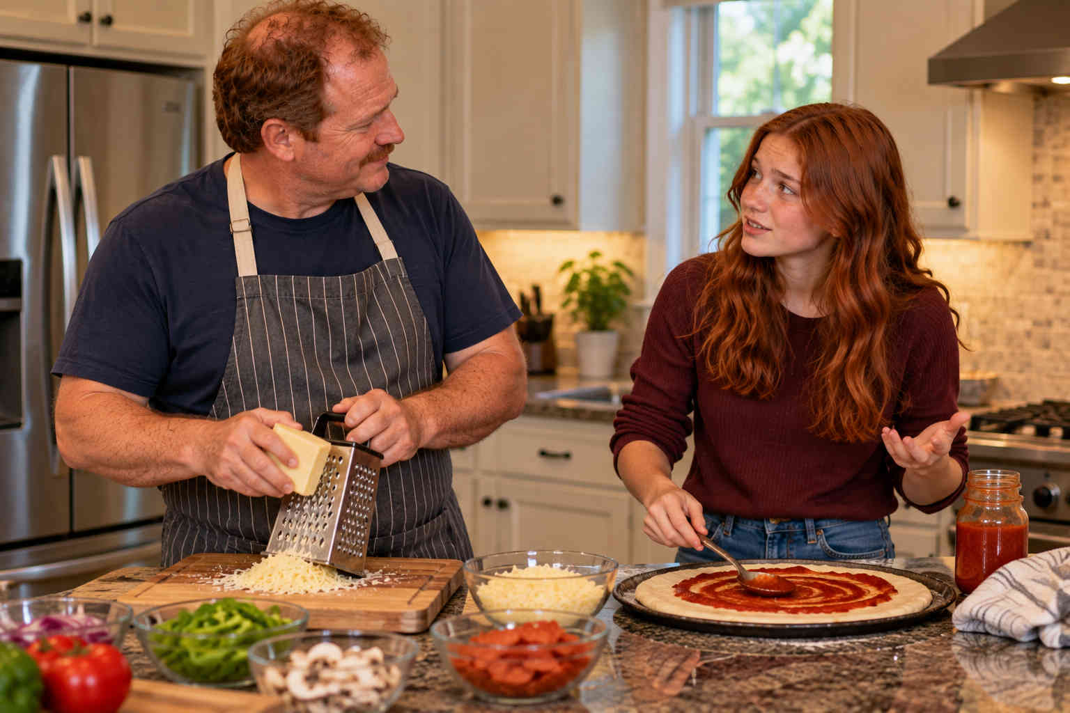 Father and teenage daughter talking naturally while making pizza together in the kitchen