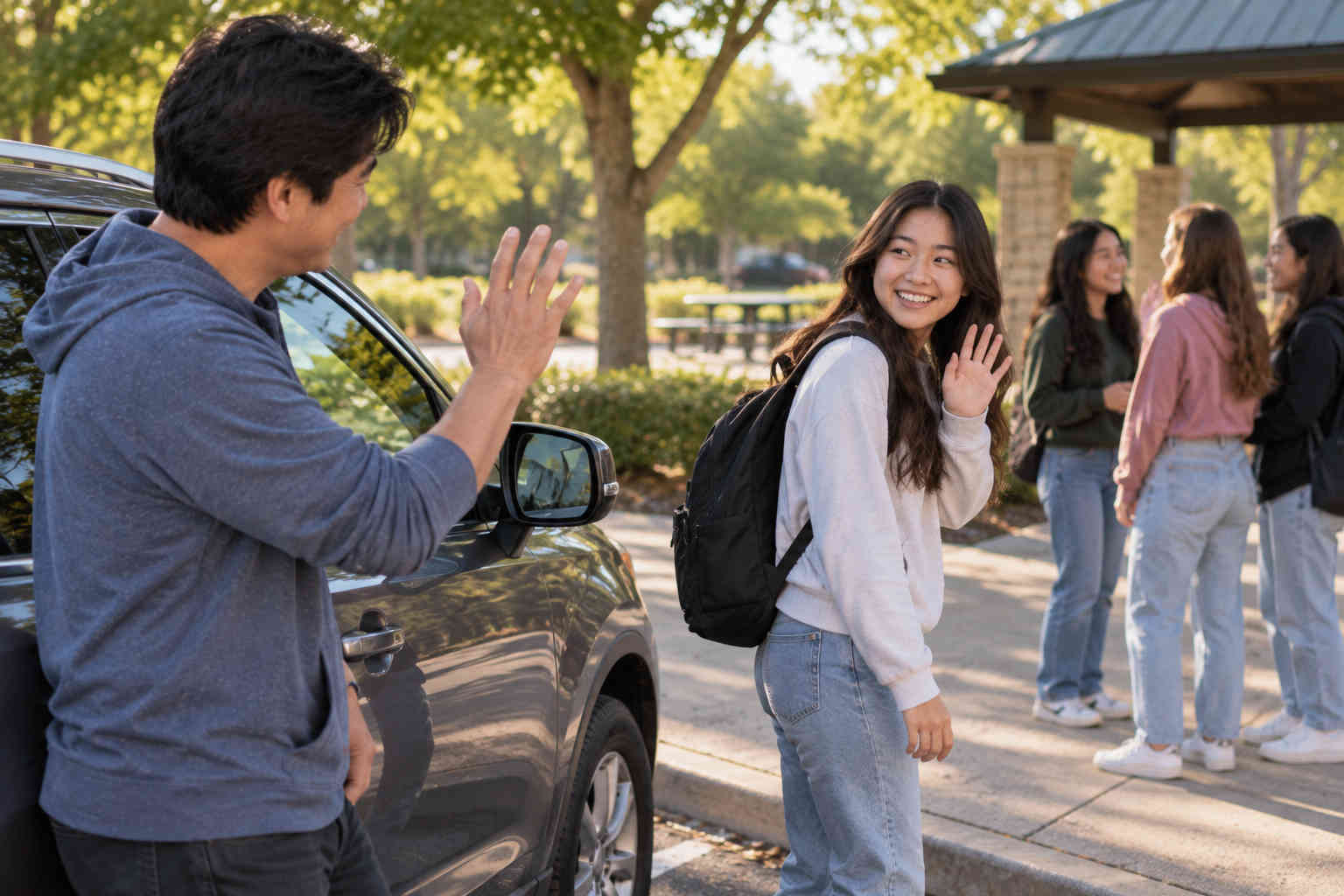 Korean father waving goodbye as his teenage daughter meets friends