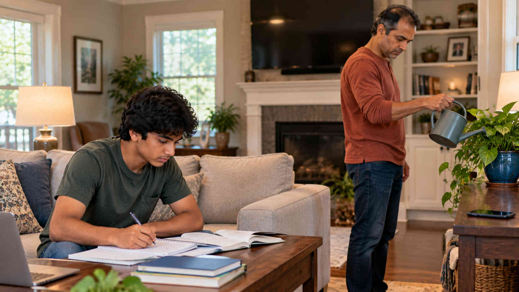 Father giving his teenage son space while calmly following through on a reasonable consequence