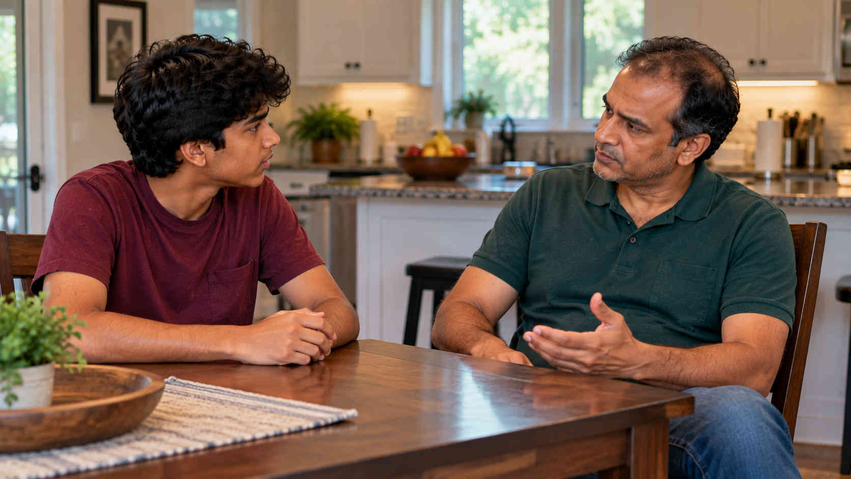 Father explaining a clear household boundary to his teenage son at the table