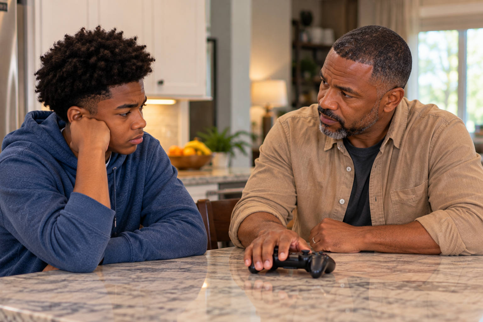 African American father calmly following through on a consequence involving his teenage son's game controller
