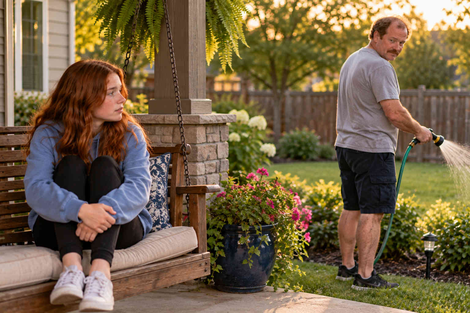 Father watering plants while giving his thoughtful teenage daughter space on a porch swing