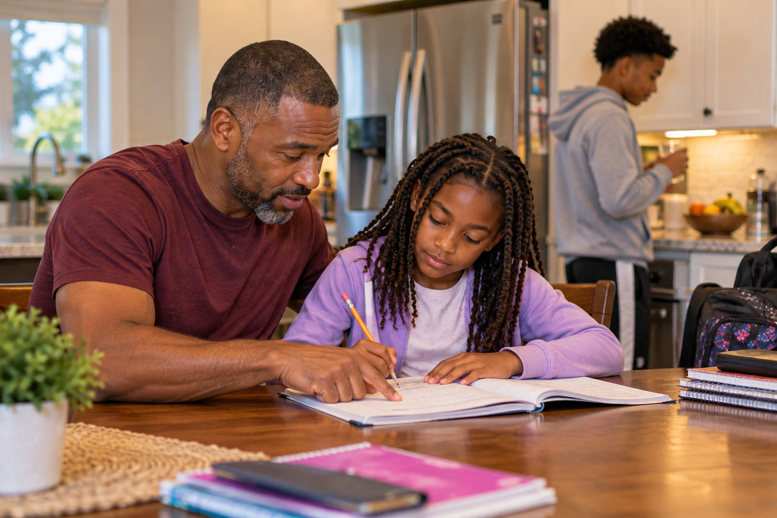 African American father keeping his promise to help his daughter with homework while his son is nearby