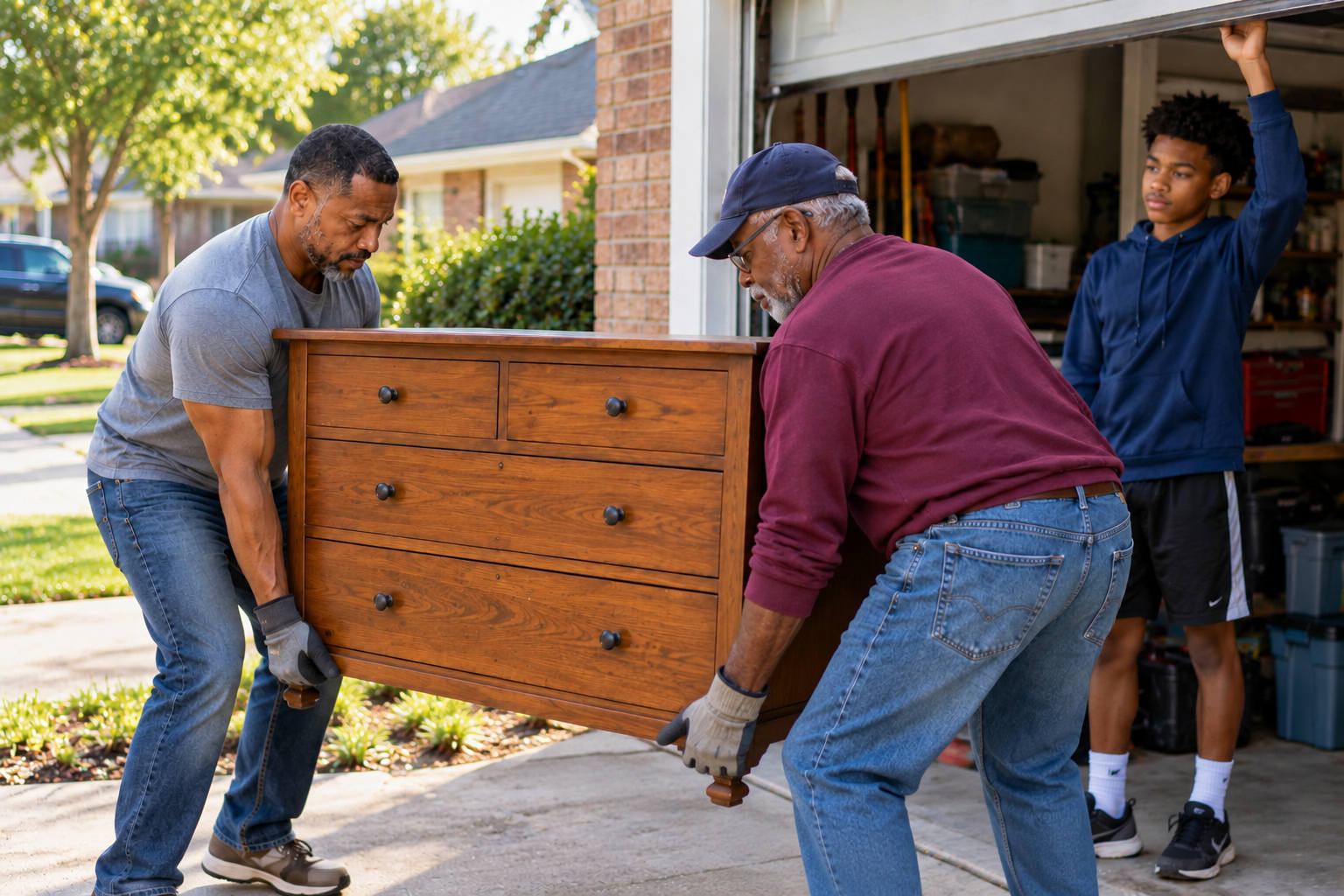 African American father helping an older African American neighbor move a dresser while his son holds the garage door
