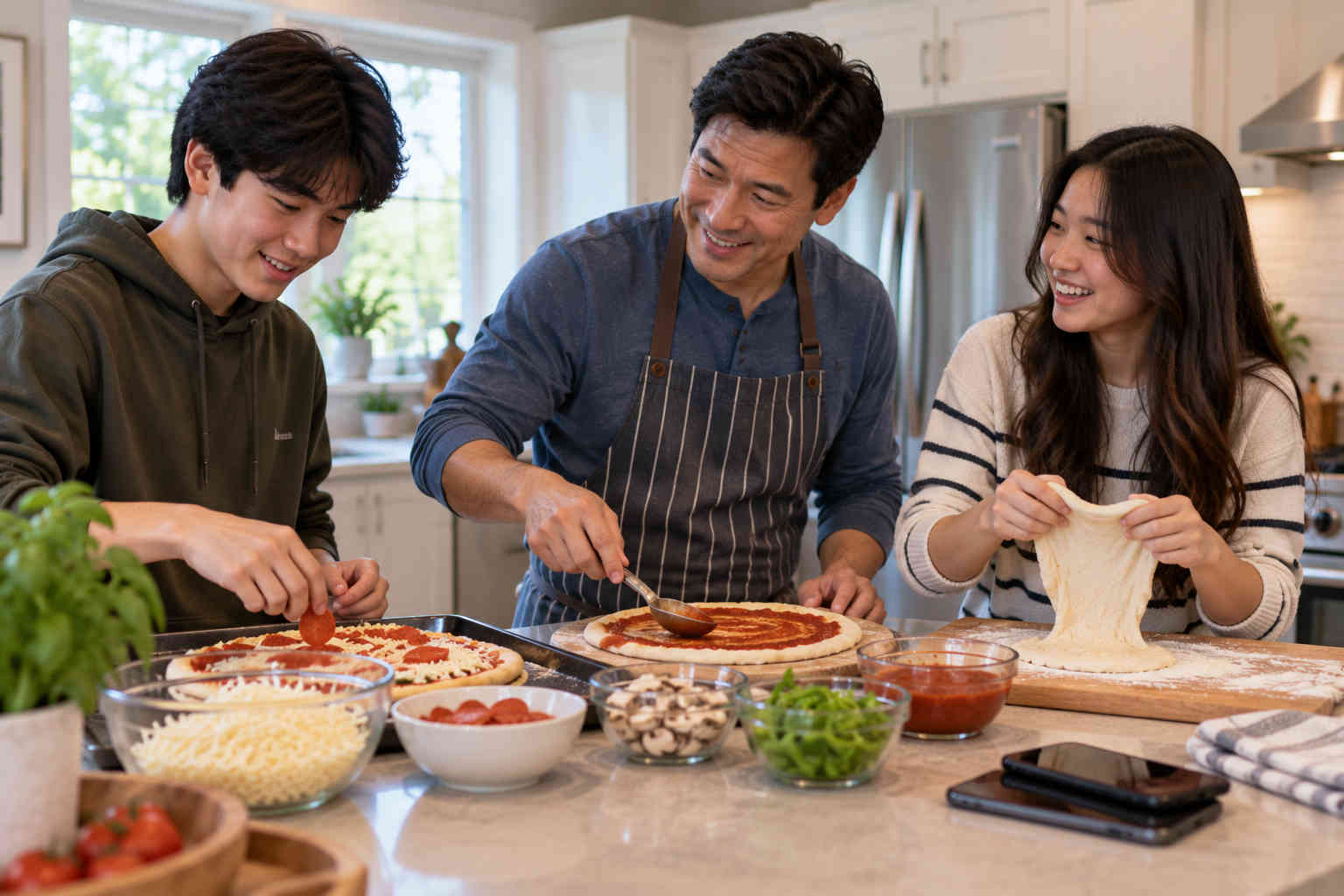 Korean father and teenage son and daughter making homemade pizza together