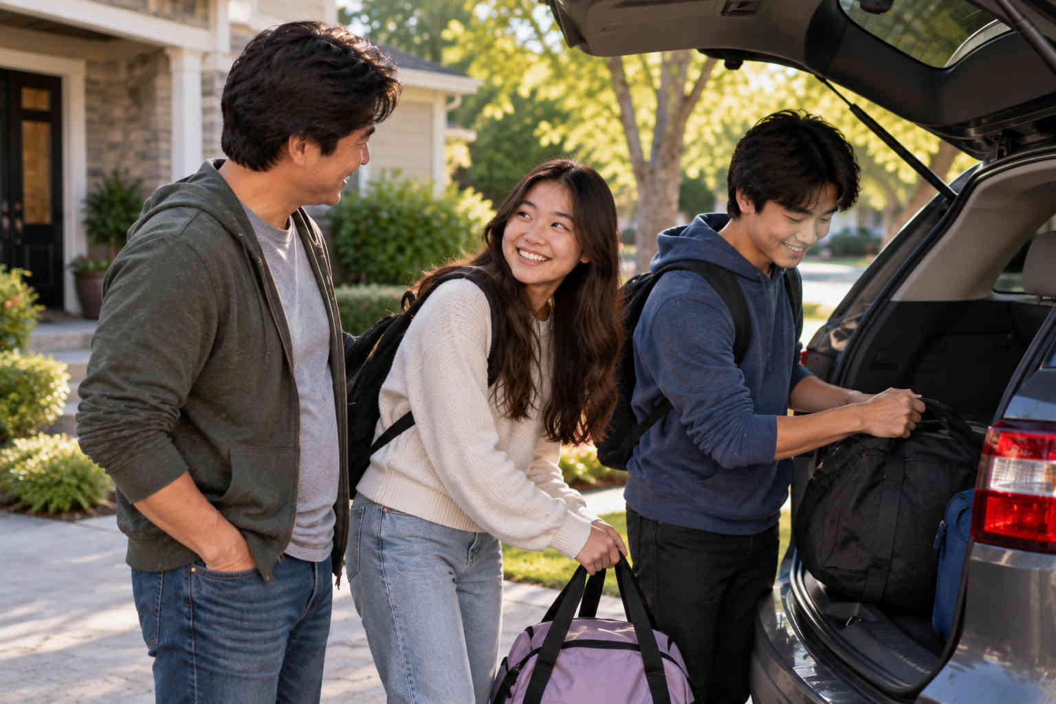 Korean father and his teenage children sharing a positive goodbye after time together