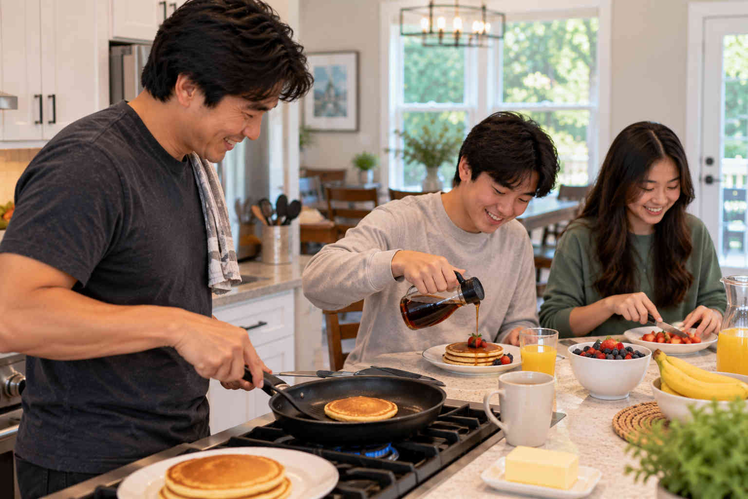 Korean father and his teenage son and daughter making pancakes together